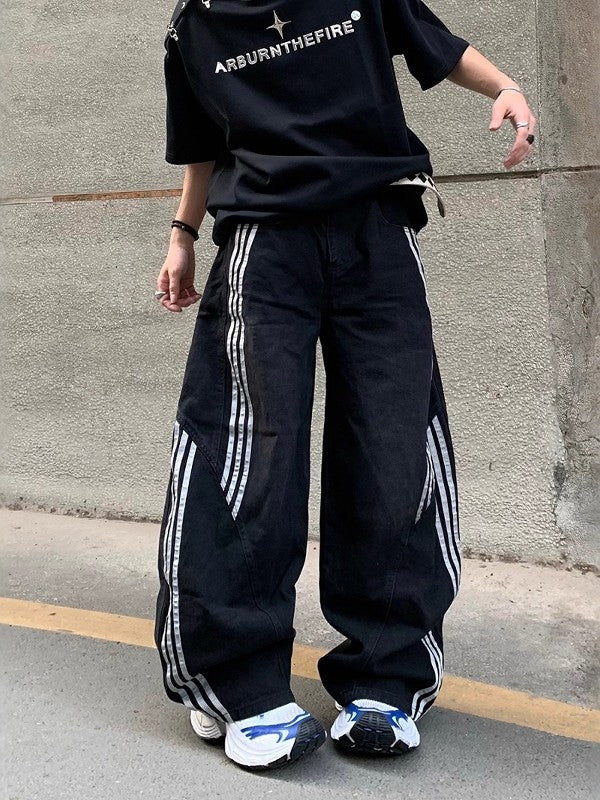 Black Patchwork Striped Denim Jeans