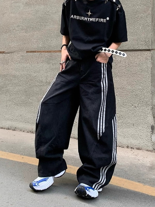 Black Patchwork Striped Denim Jeans