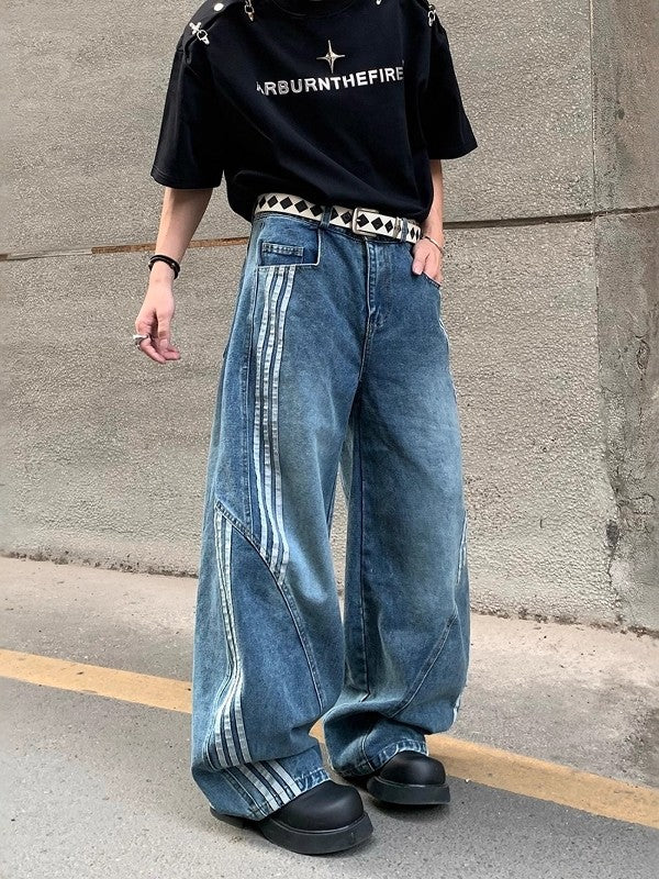 Patchwork Striped Denim Jeans